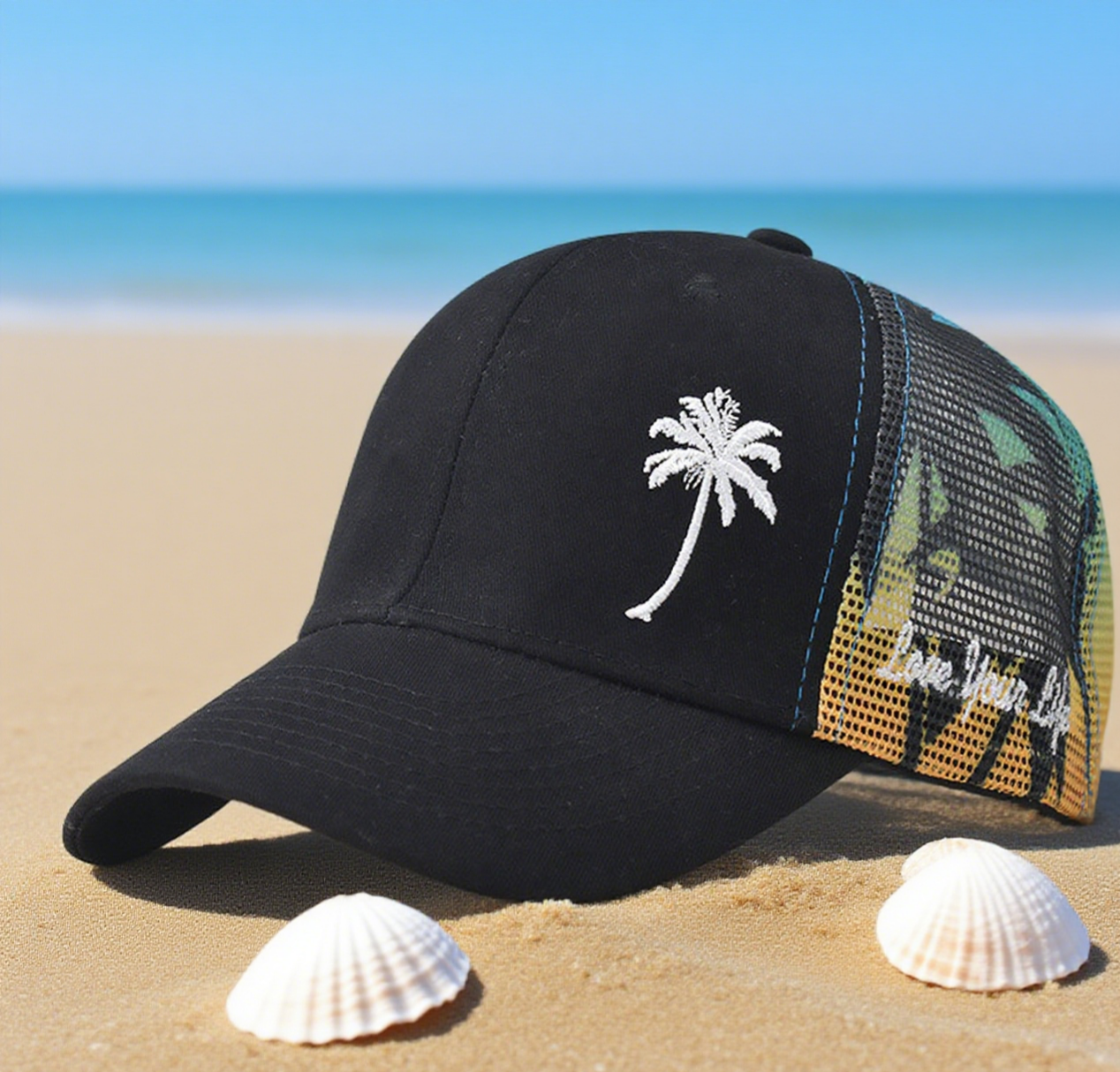 Coconut tree mesh trucker hat