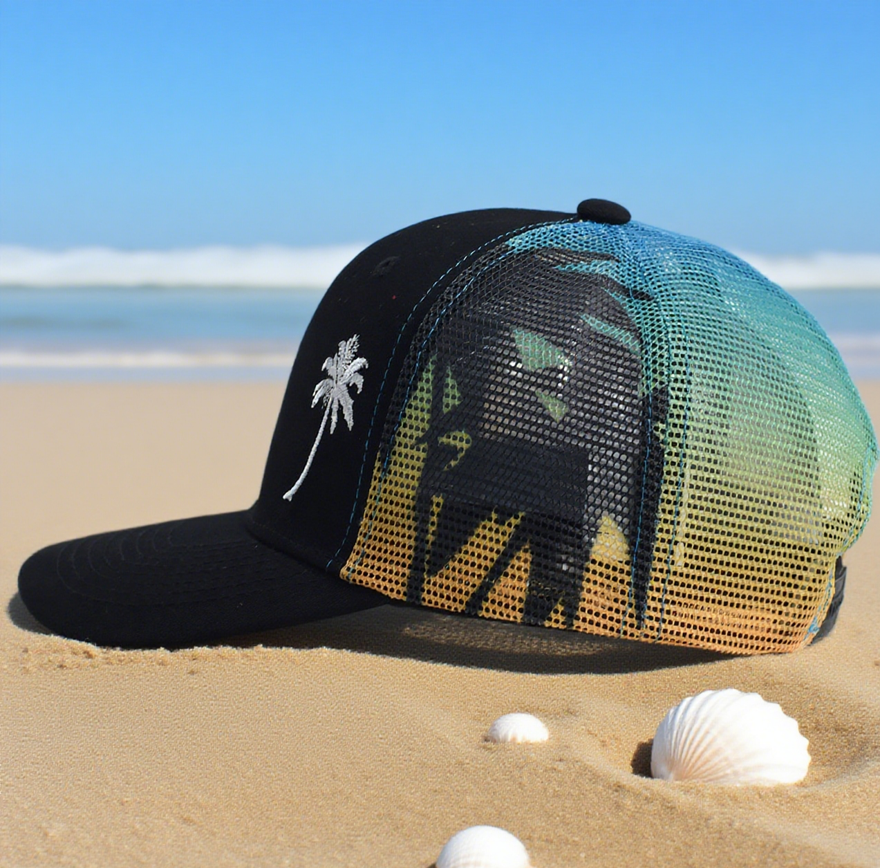 Coconut tree mesh trucker hat