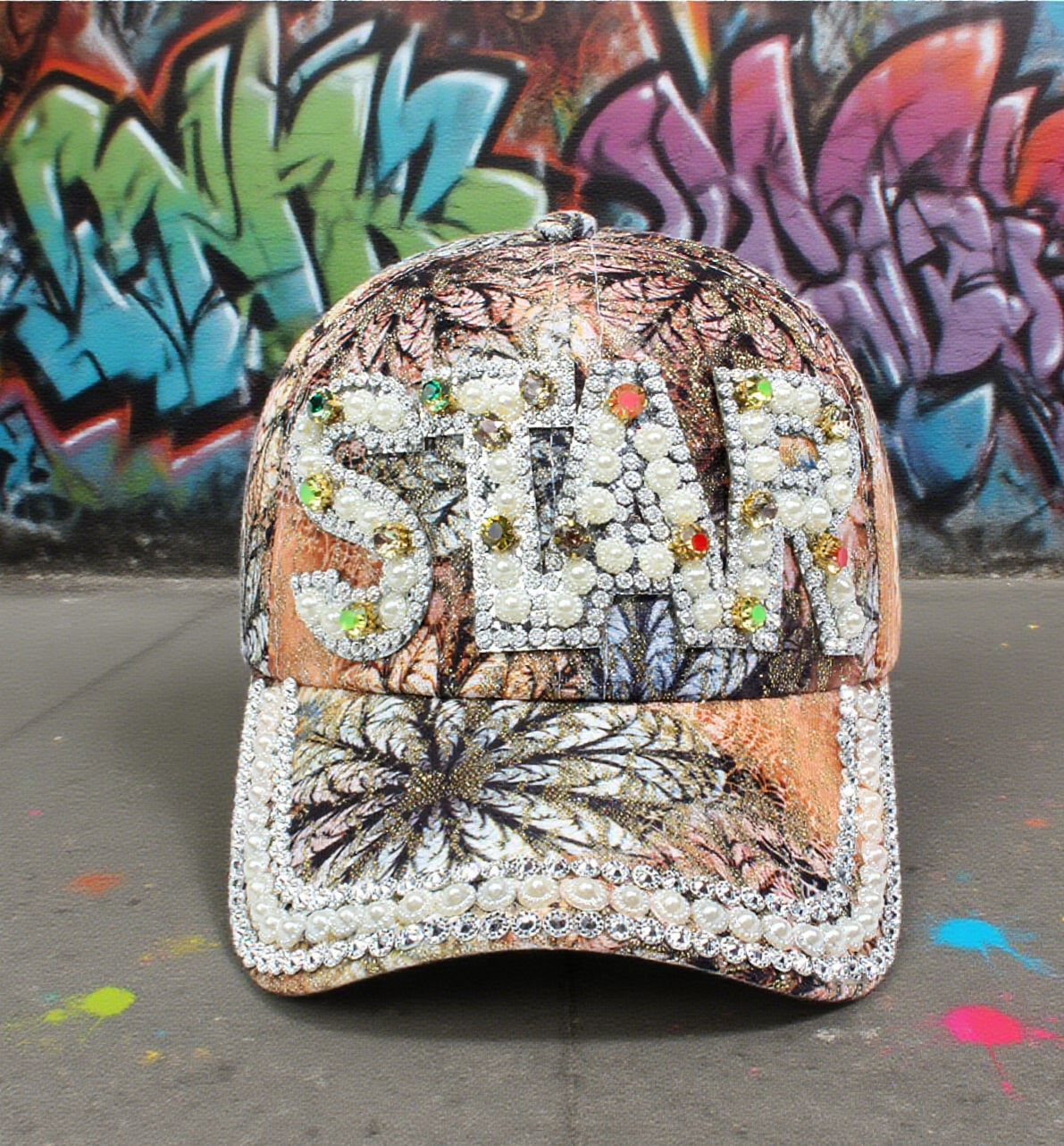 STAR print faux pearl diamond baseball cap