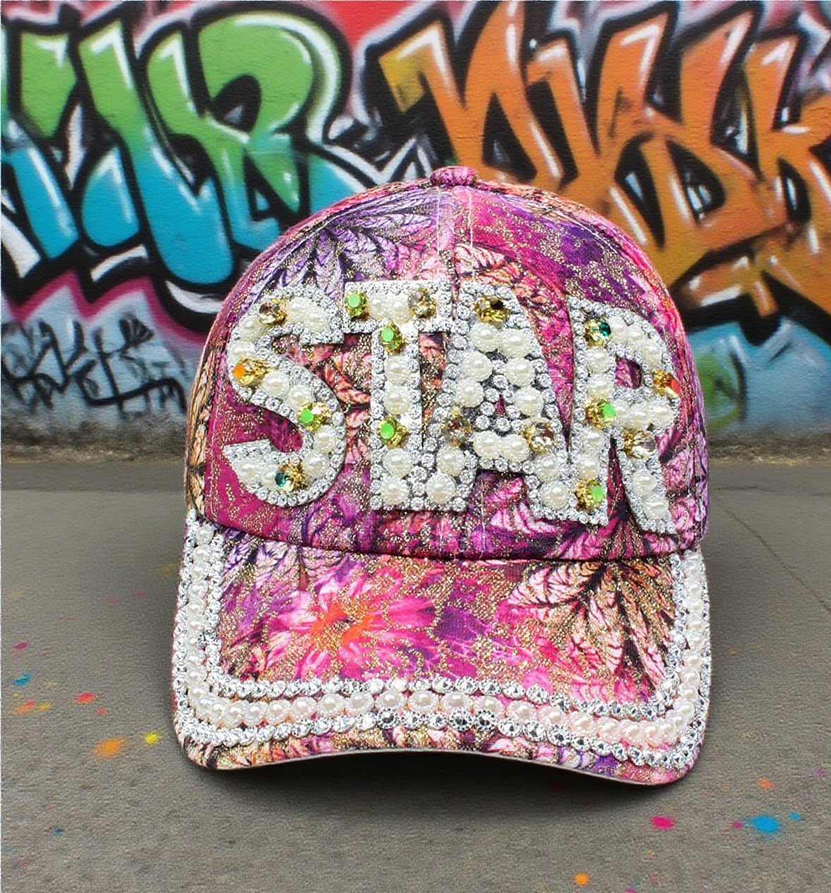 STAR print faux pearl diamond baseball cap