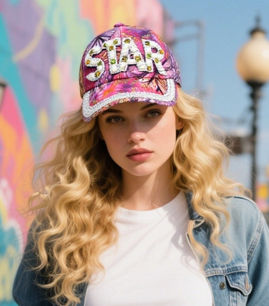STAR print faux pearl diamond baseball cap