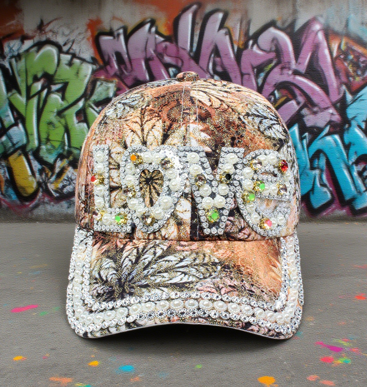 LOVE print faux pearl diamond baseball cap