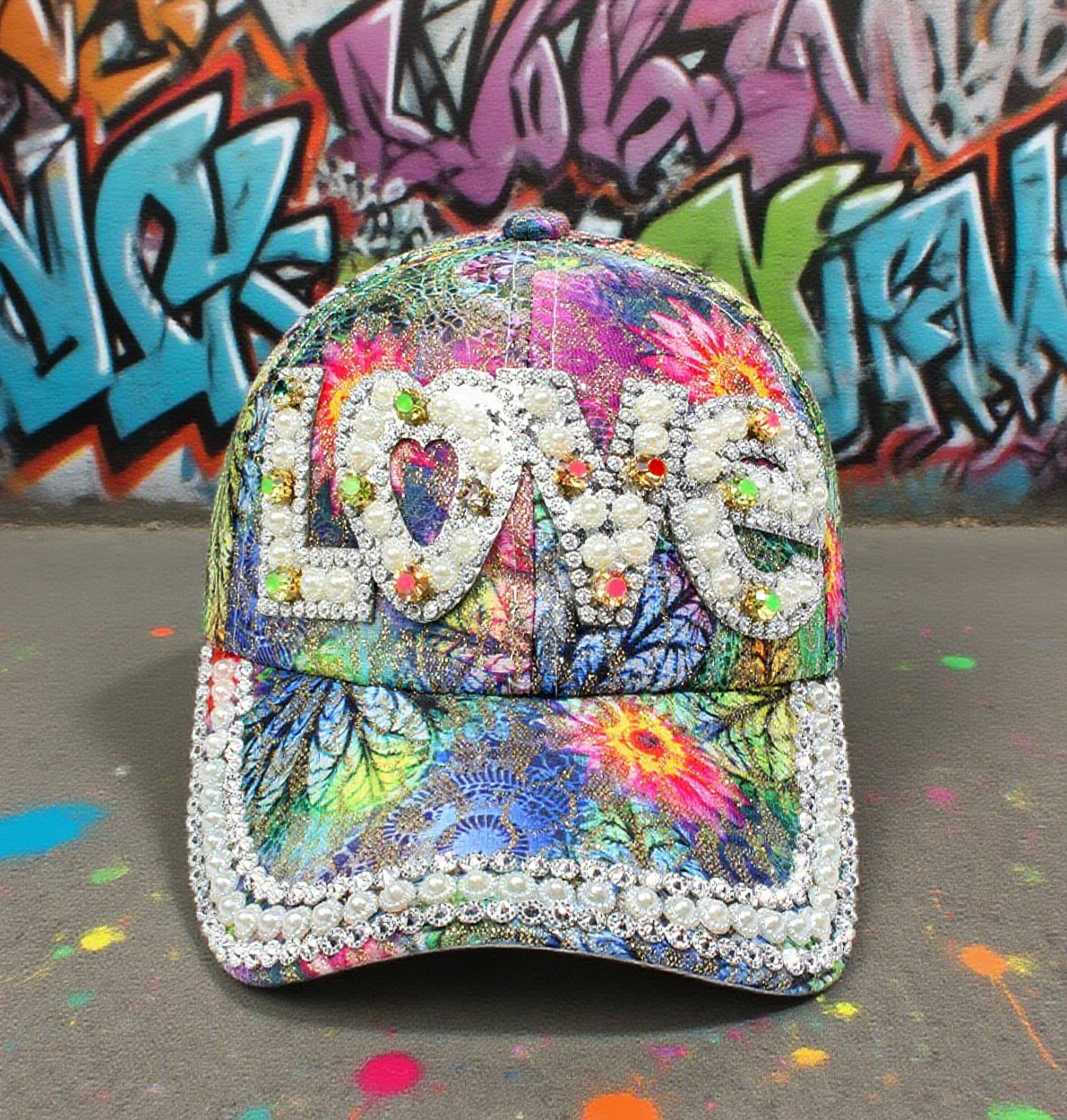 LOVE print faux pearl diamond baseball cap