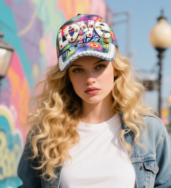 LOVE print faux pearl diamond baseball cap