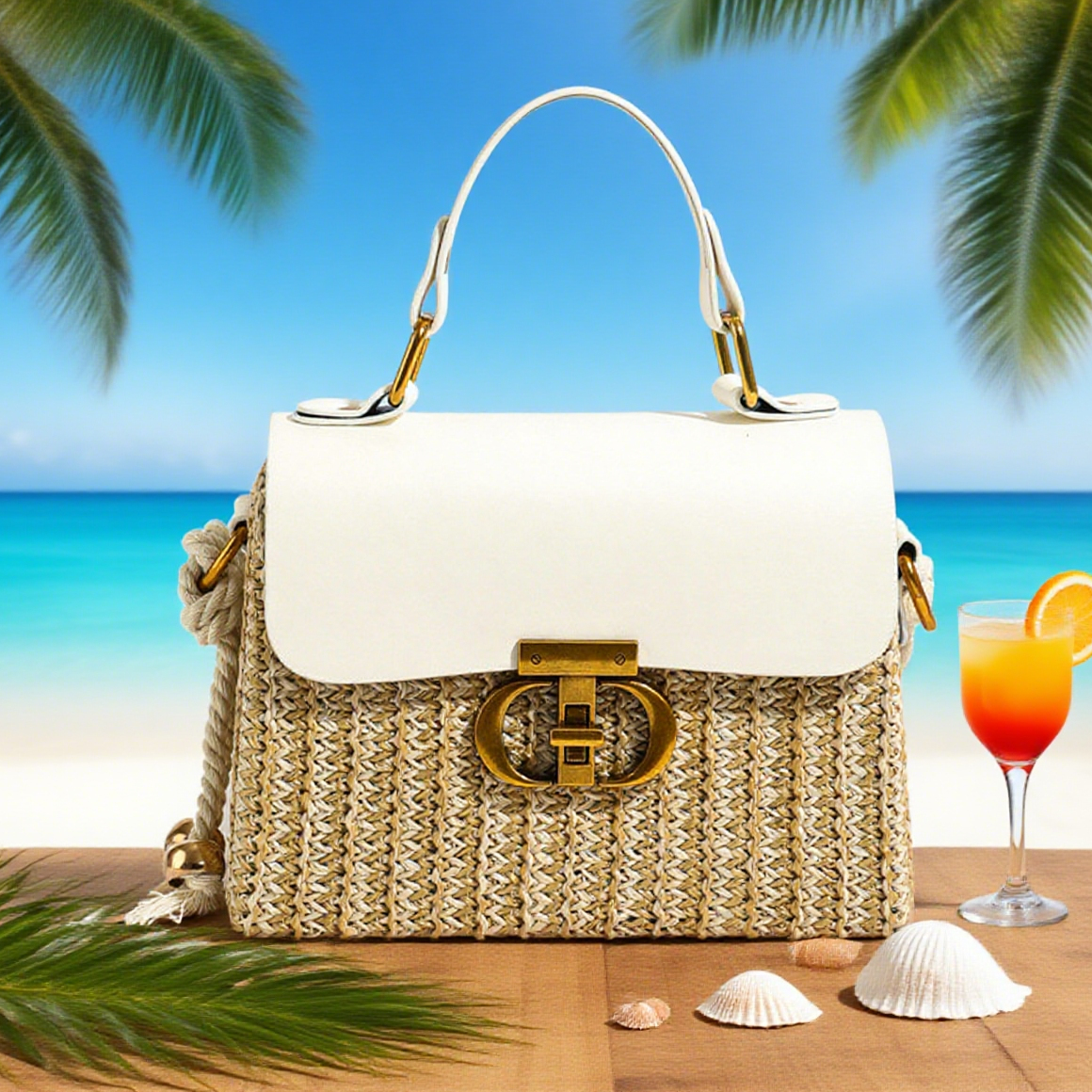 Handle straw twine crossbody bag