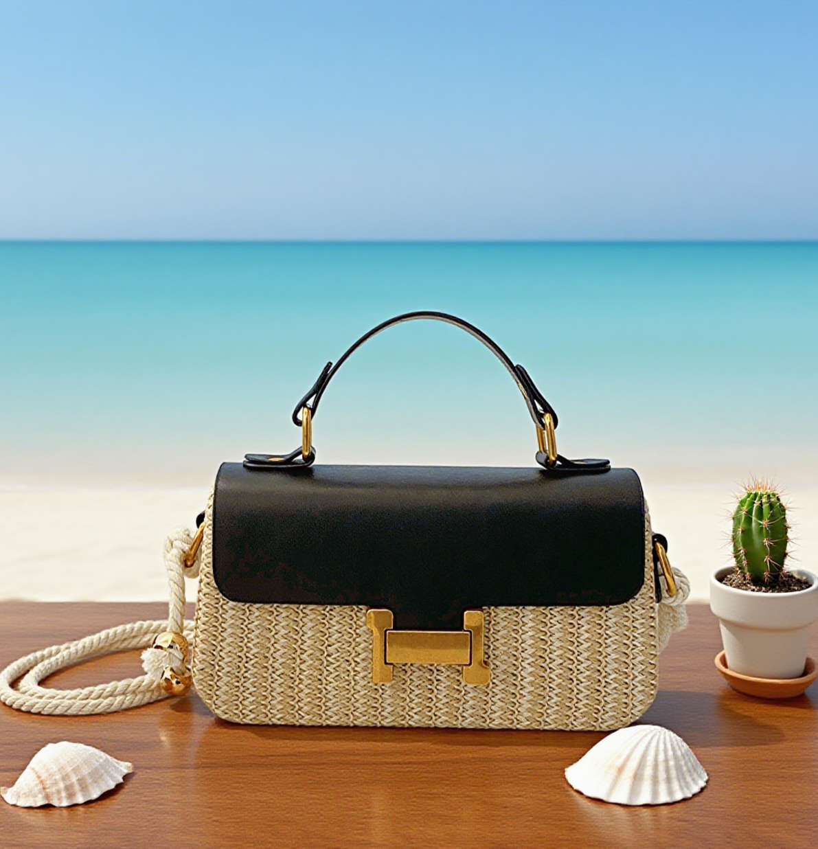 Beach handle straw crossbody bag