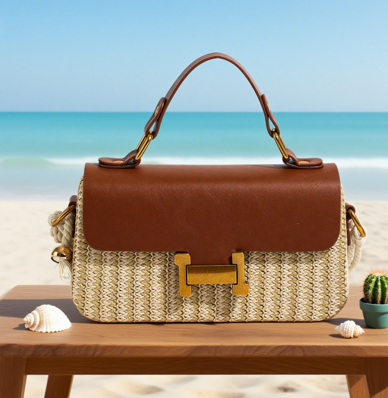 Beach handle straw crossbody bag