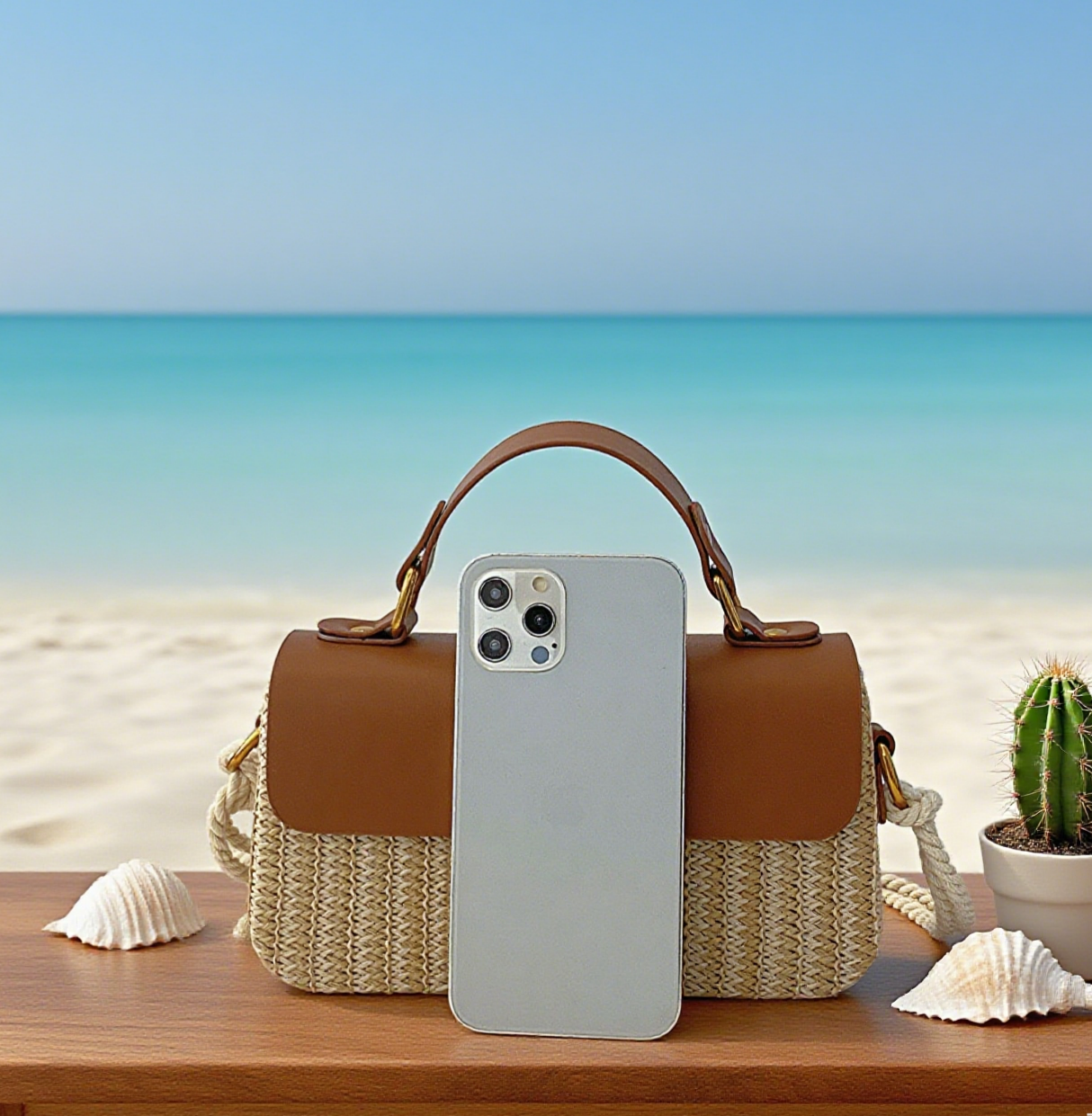 Beach handle straw crossbody bag