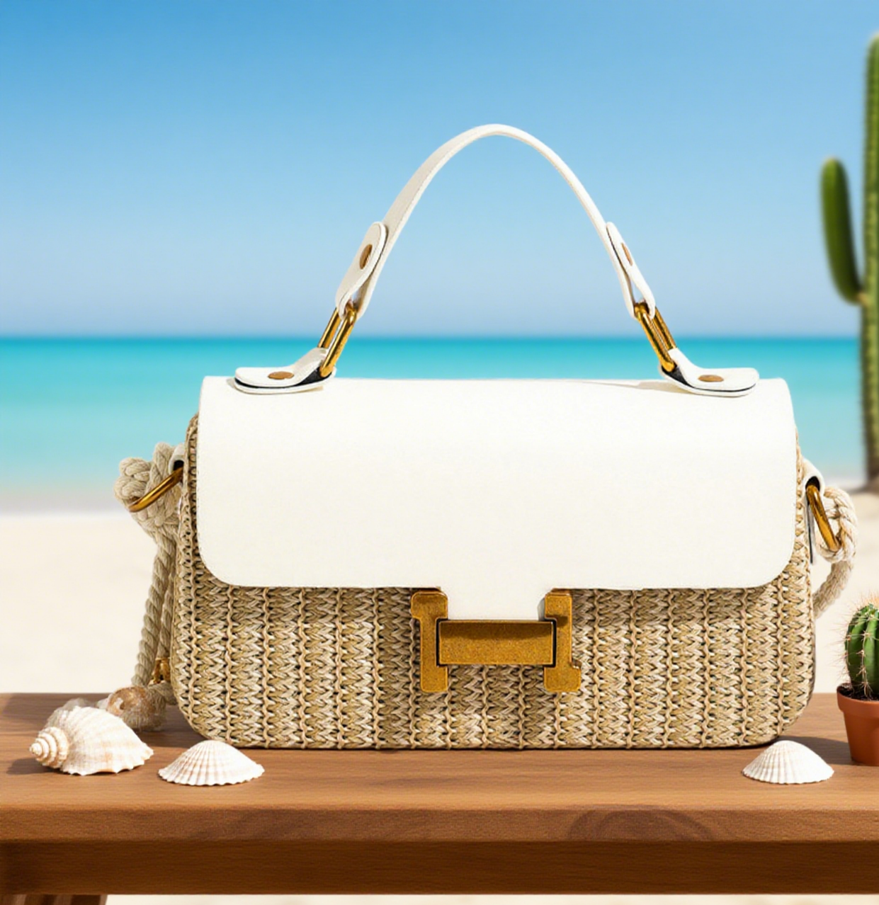 Beach handle straw crossbody bag