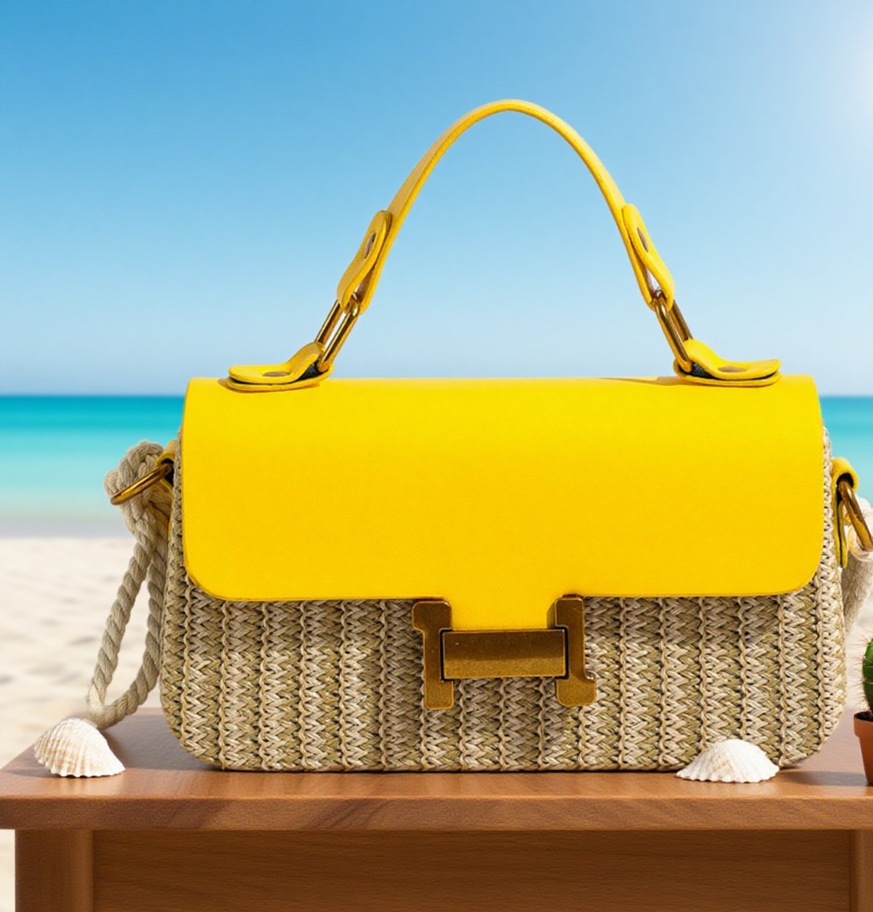 Beach handle straw crossbody bag