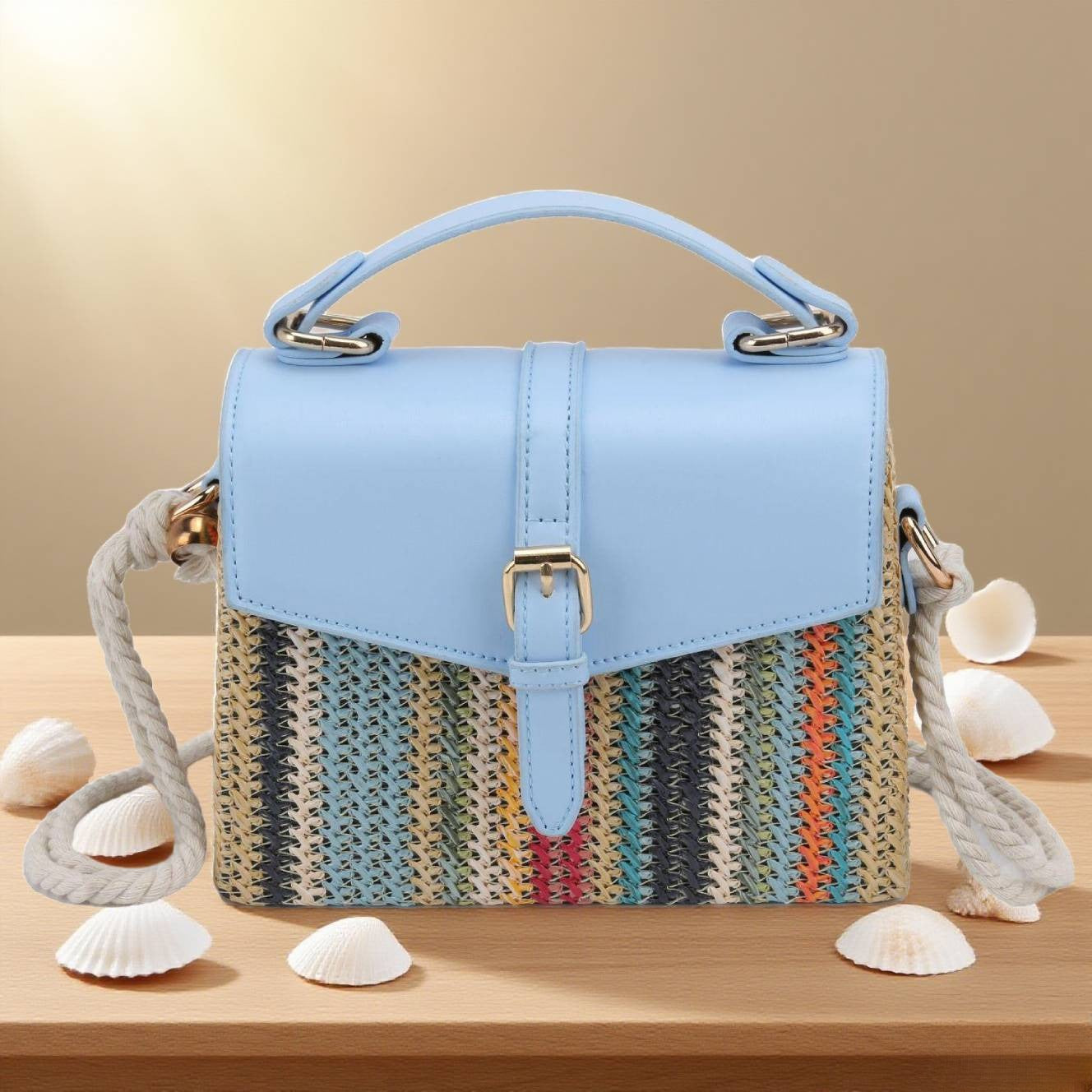 Beach coloured rainbow striped straw crossbody bag