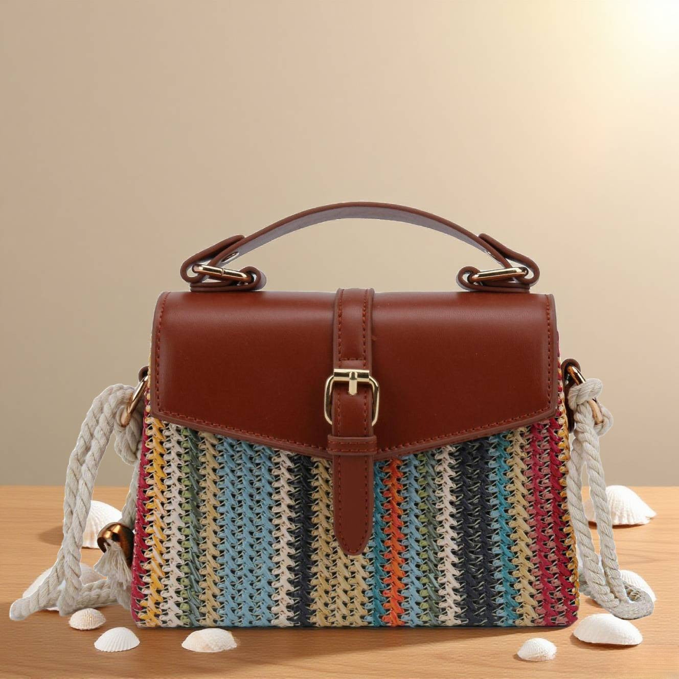 Beach coloured rainbow striped straw crossbody bag