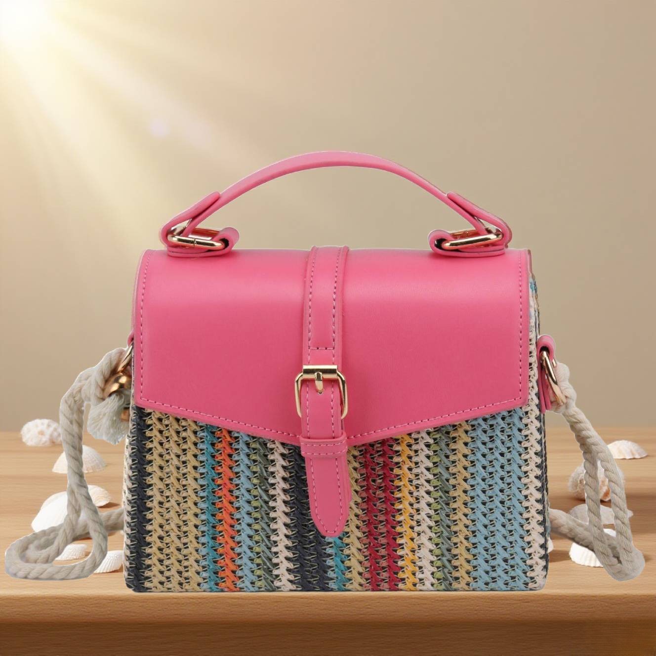 Beach coloured rainbow striped straw crossbody bag