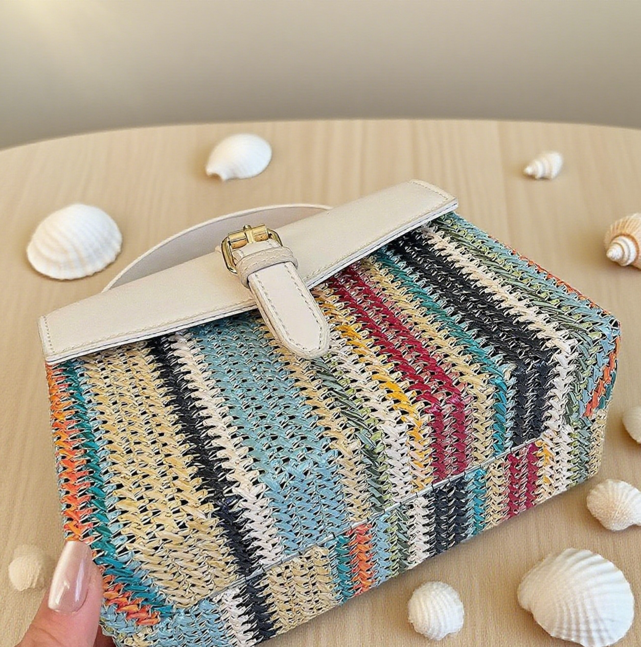Beach coloured rainbow striped straw crossbody bag