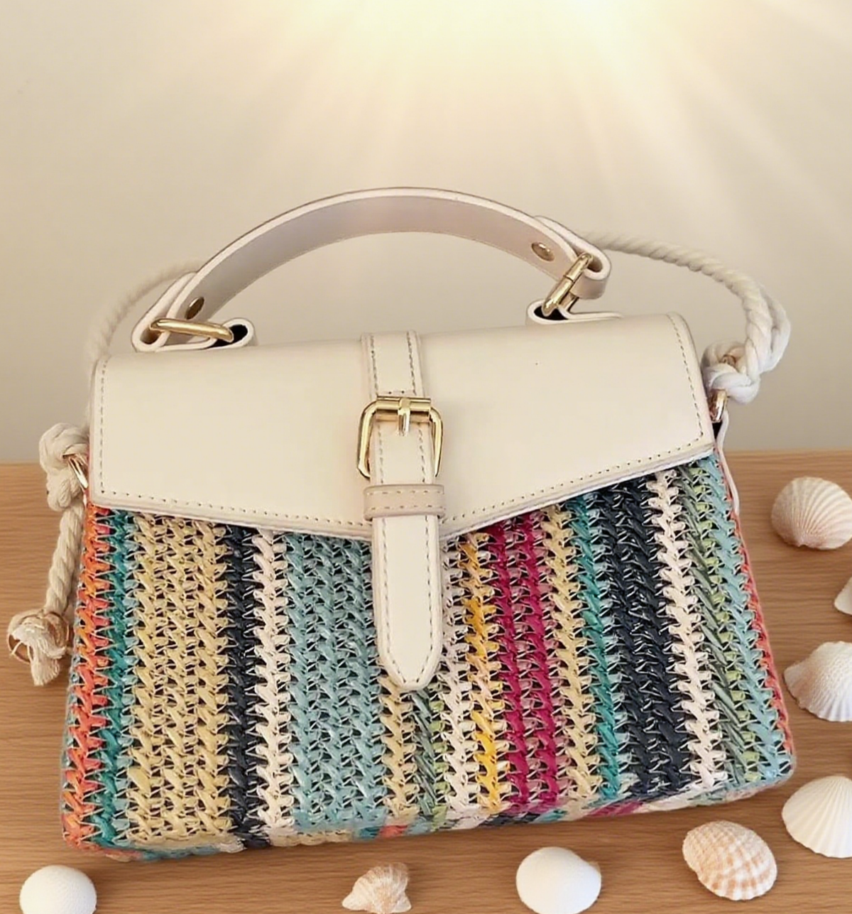 Beach coloured rainbow striped straw crossbody bag