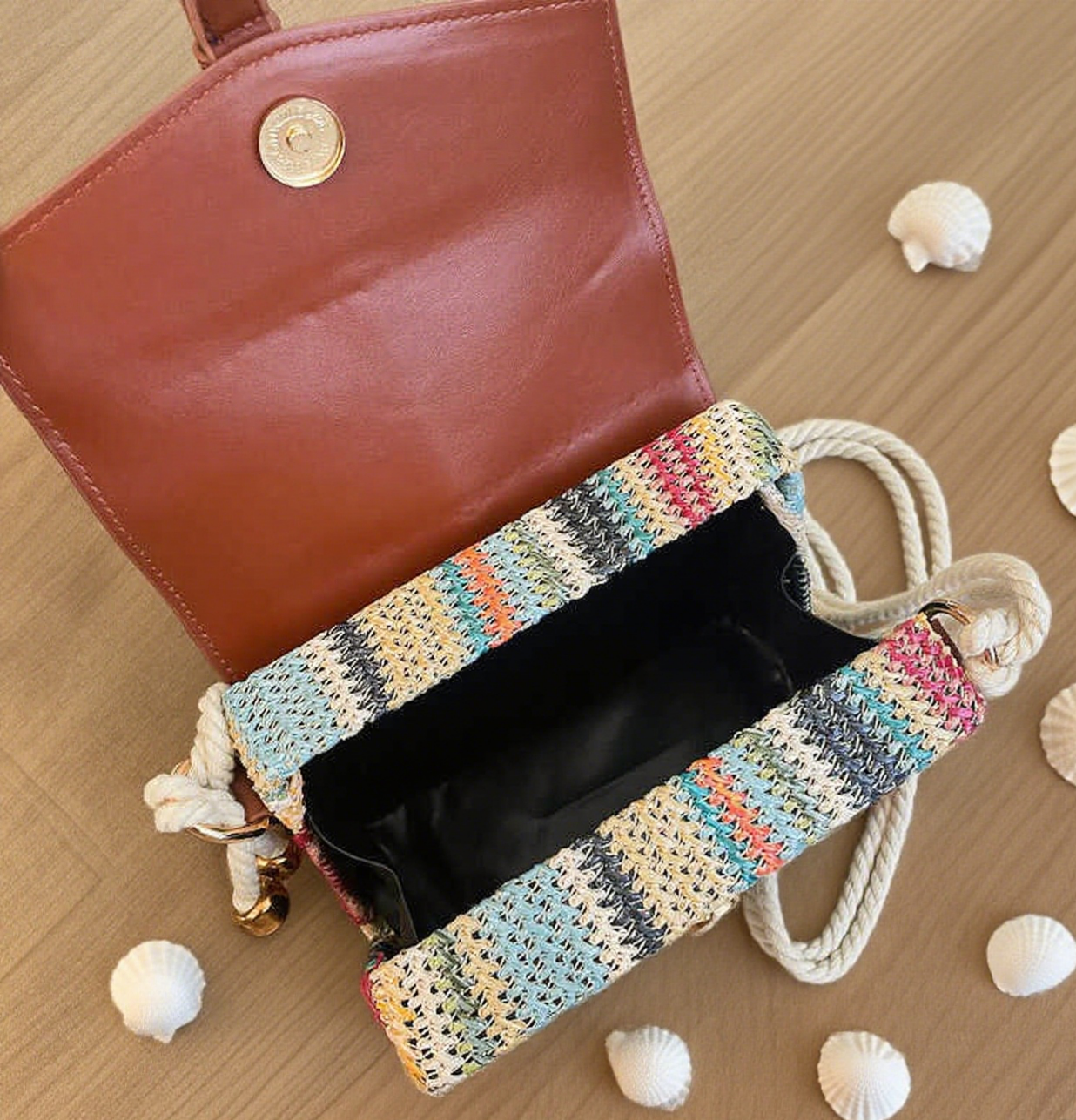 Beach coloured rainbow striped straw crossbody bag