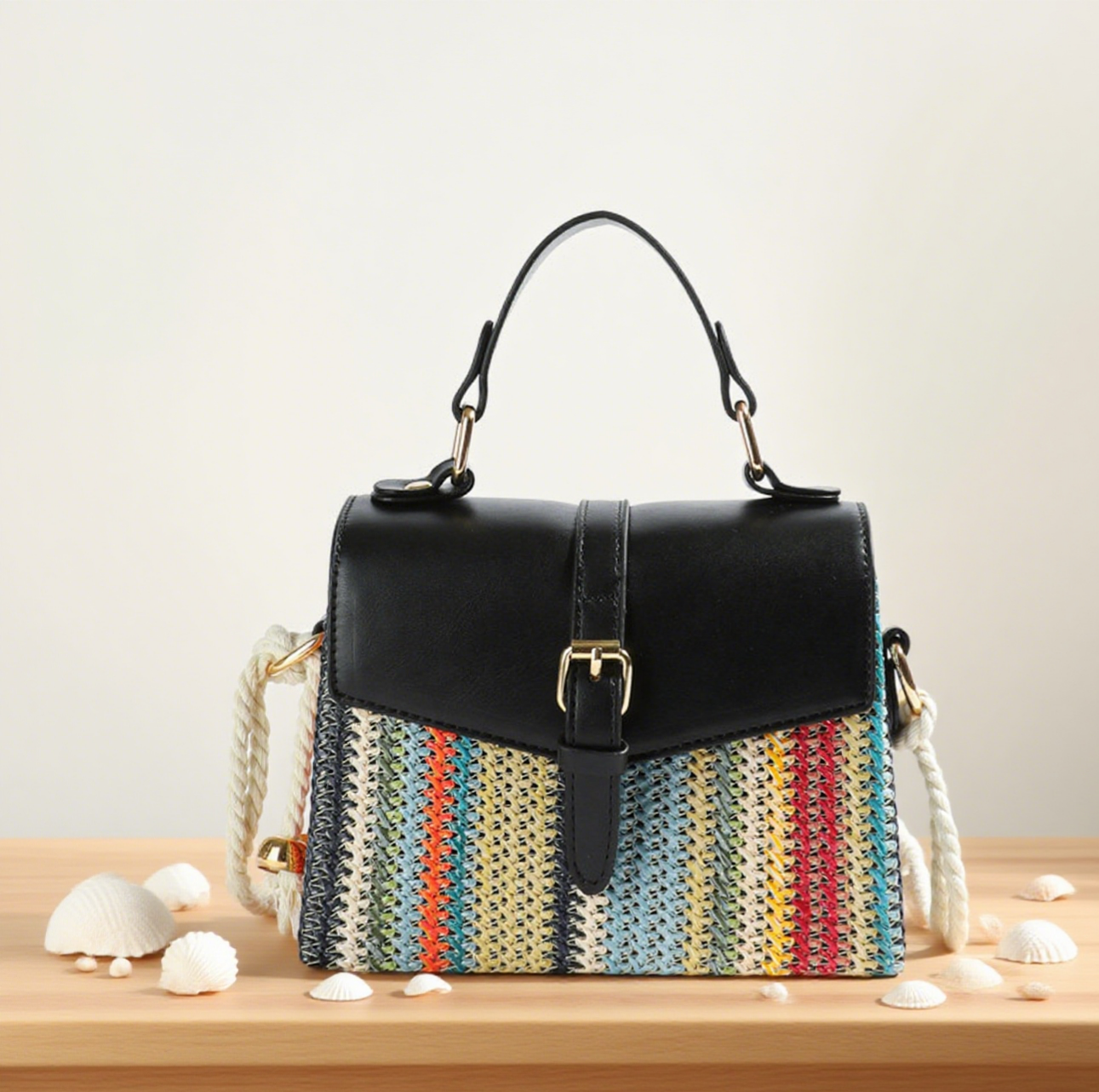 Colorful striped rainbow straw crossbody bag