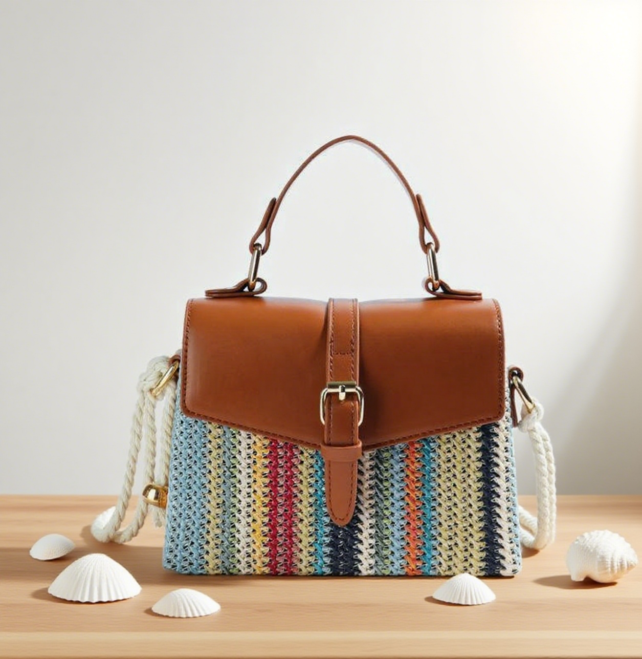 Colorful striped rainbow straw crossbody bag