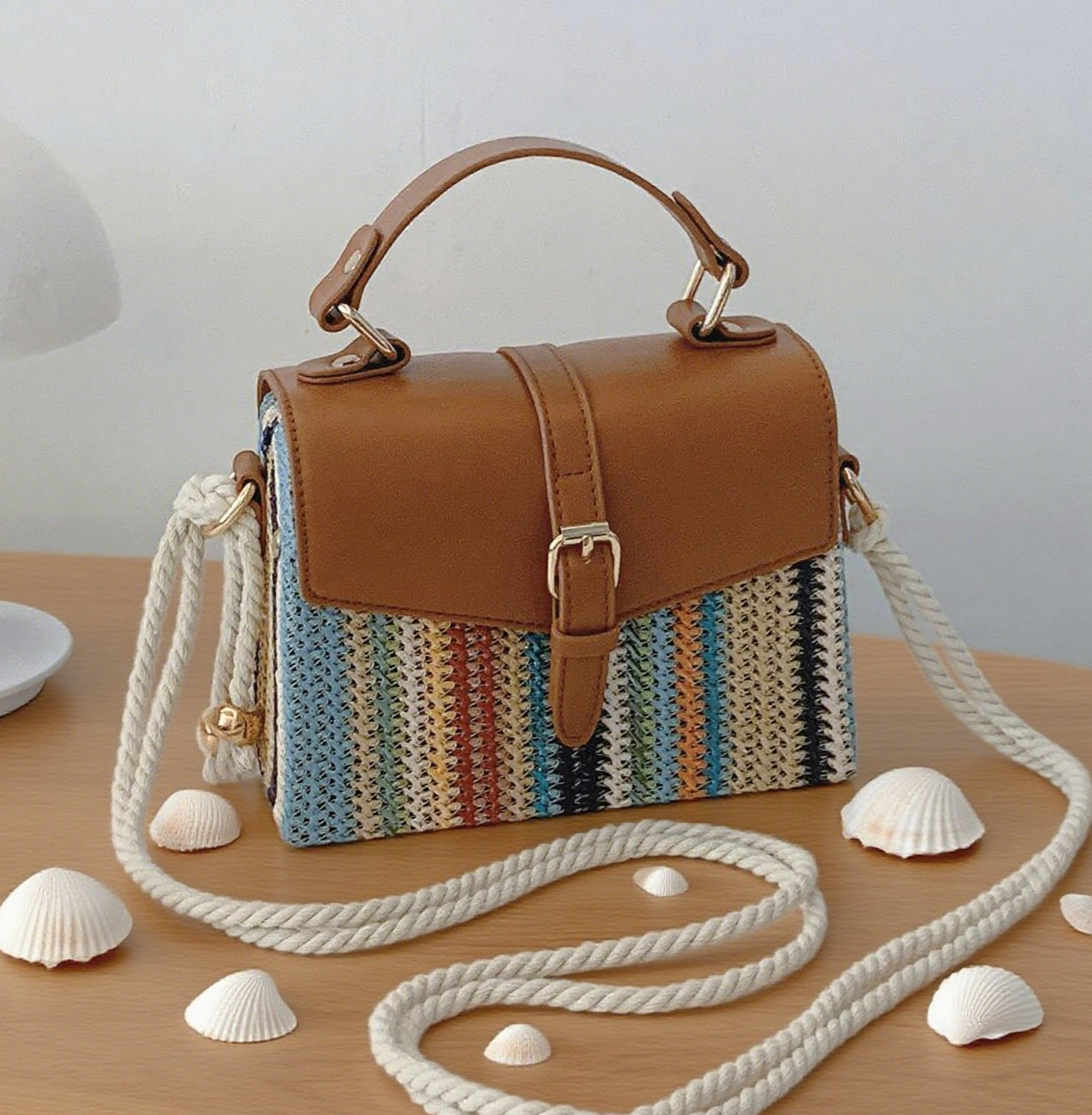 Colorful striped rainbow straw crossbody bag
