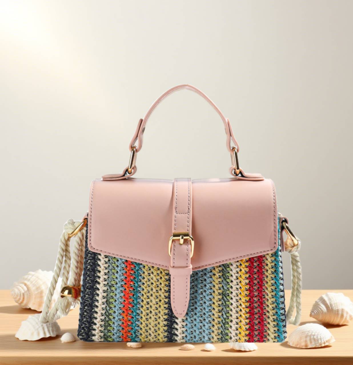 Colorful striped rainbow straw crossbody bag