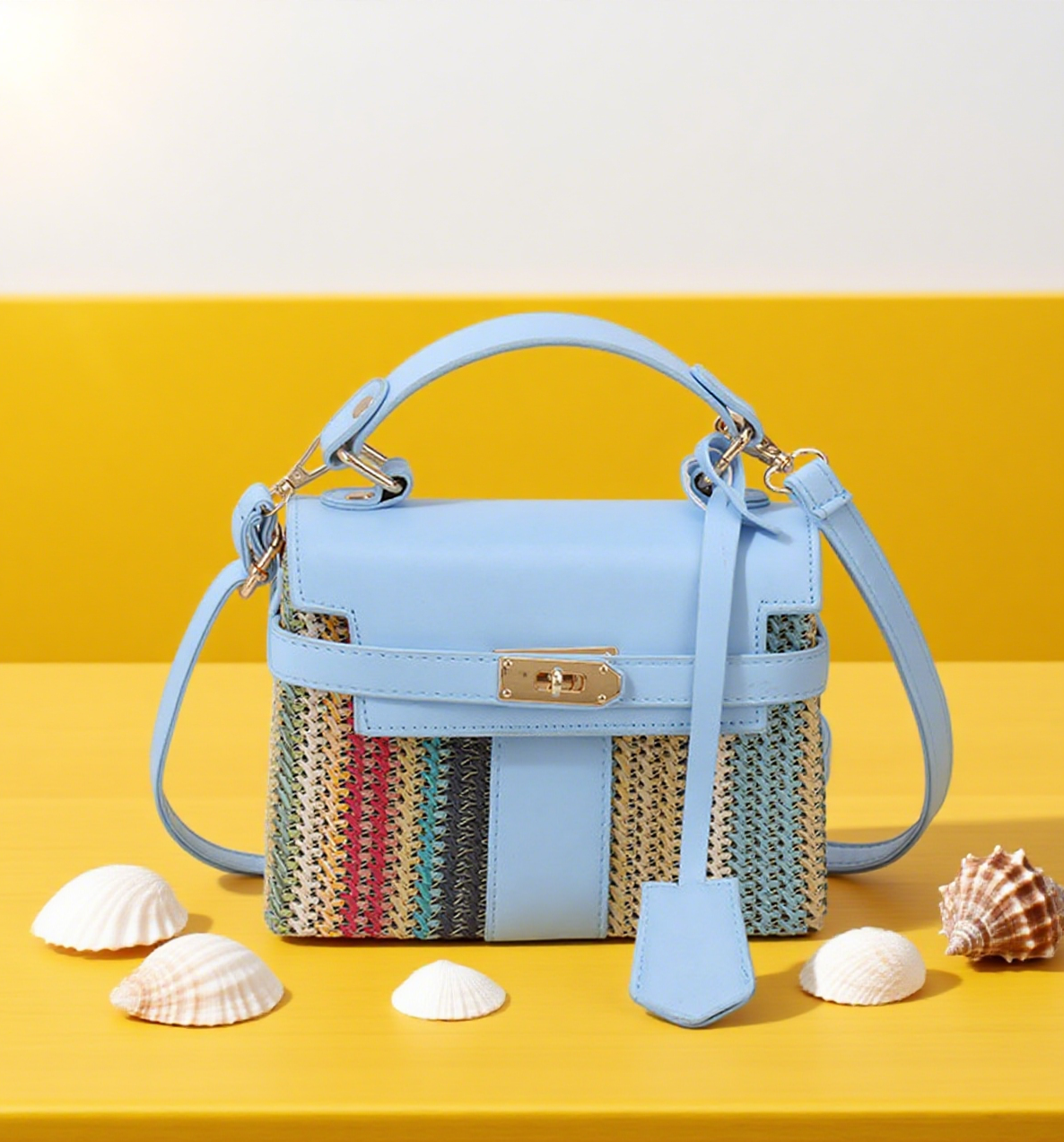 Fun striped rainbow straw box crossbody bag