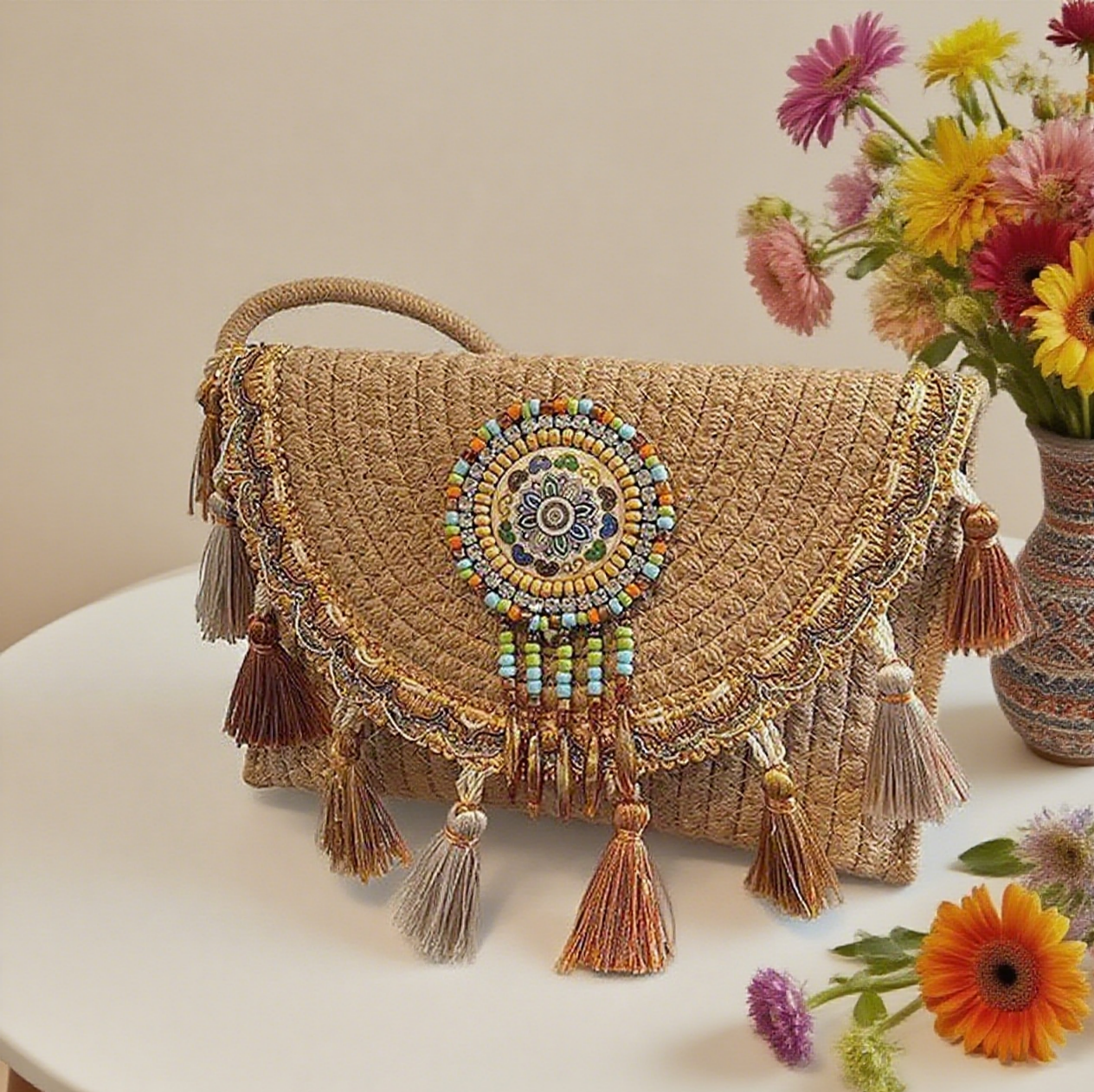 Bohemian tassel staw crossbody bag