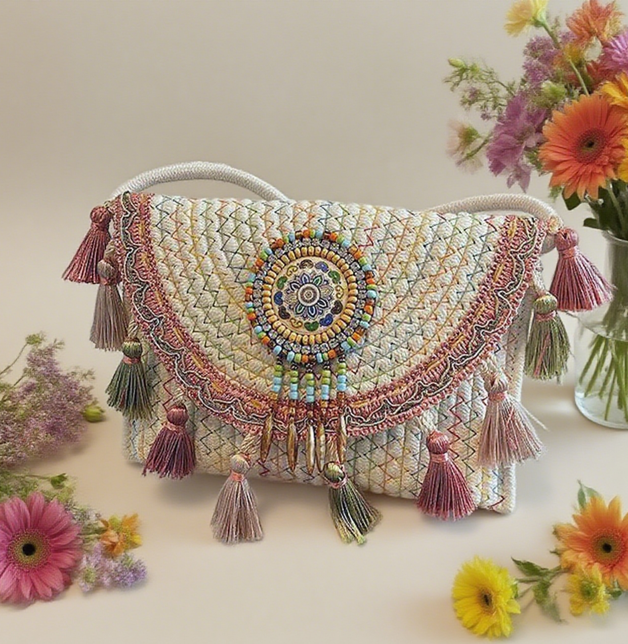 Bohemian tassel staw crossbody bag