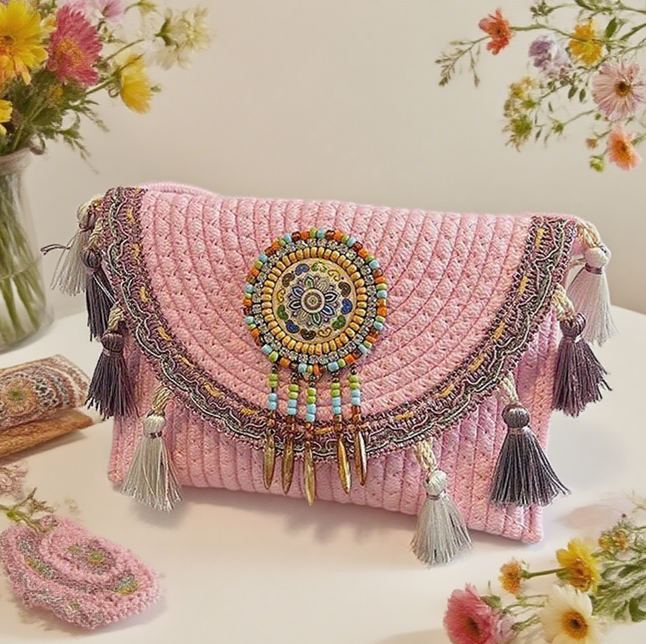 Bohemian tassel staw crossbody bag