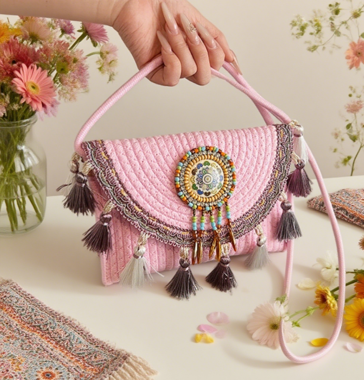 Bohemian tassel staw crossbody bag