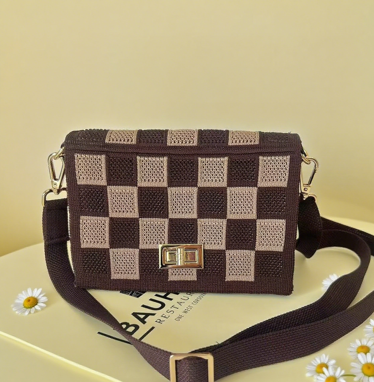 Plaid knit crossbody bag