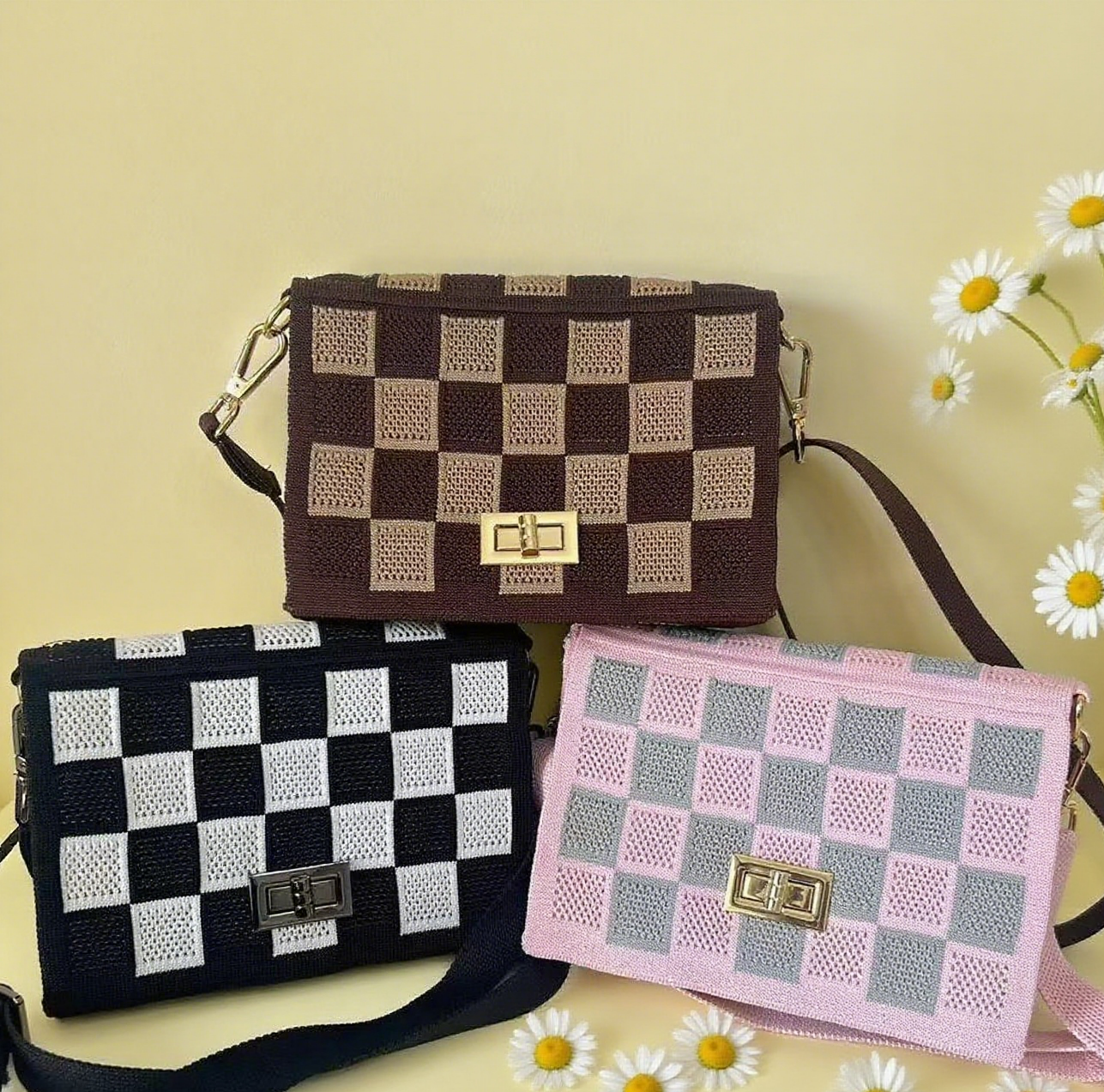 Plaid knit crossbody bag