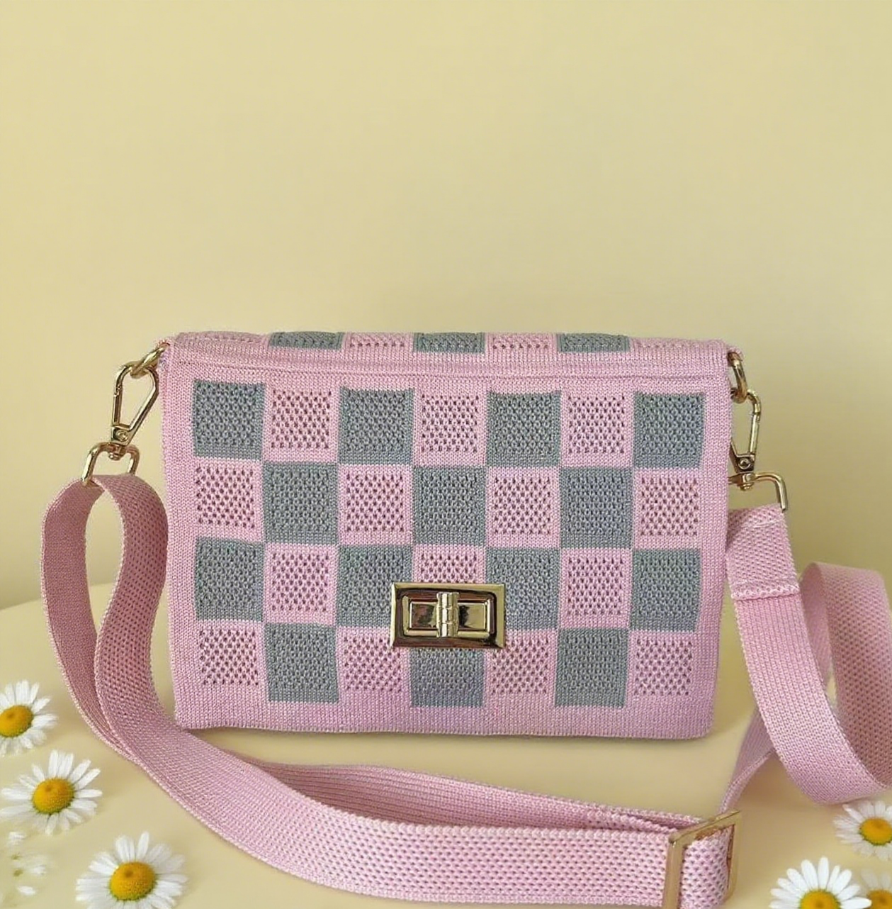 Plaid knit crossbody bag