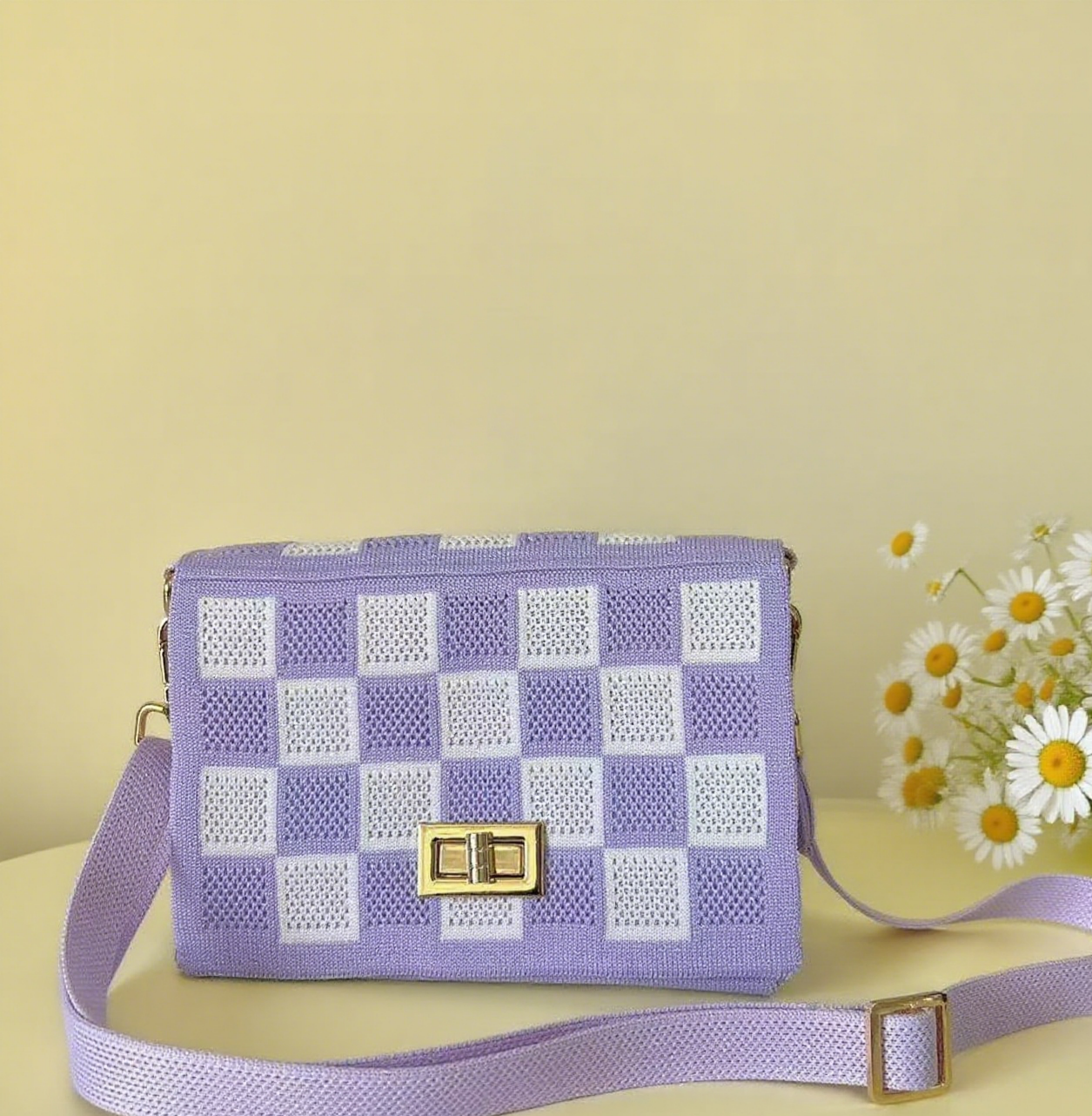 Plaid knit crossbody bag