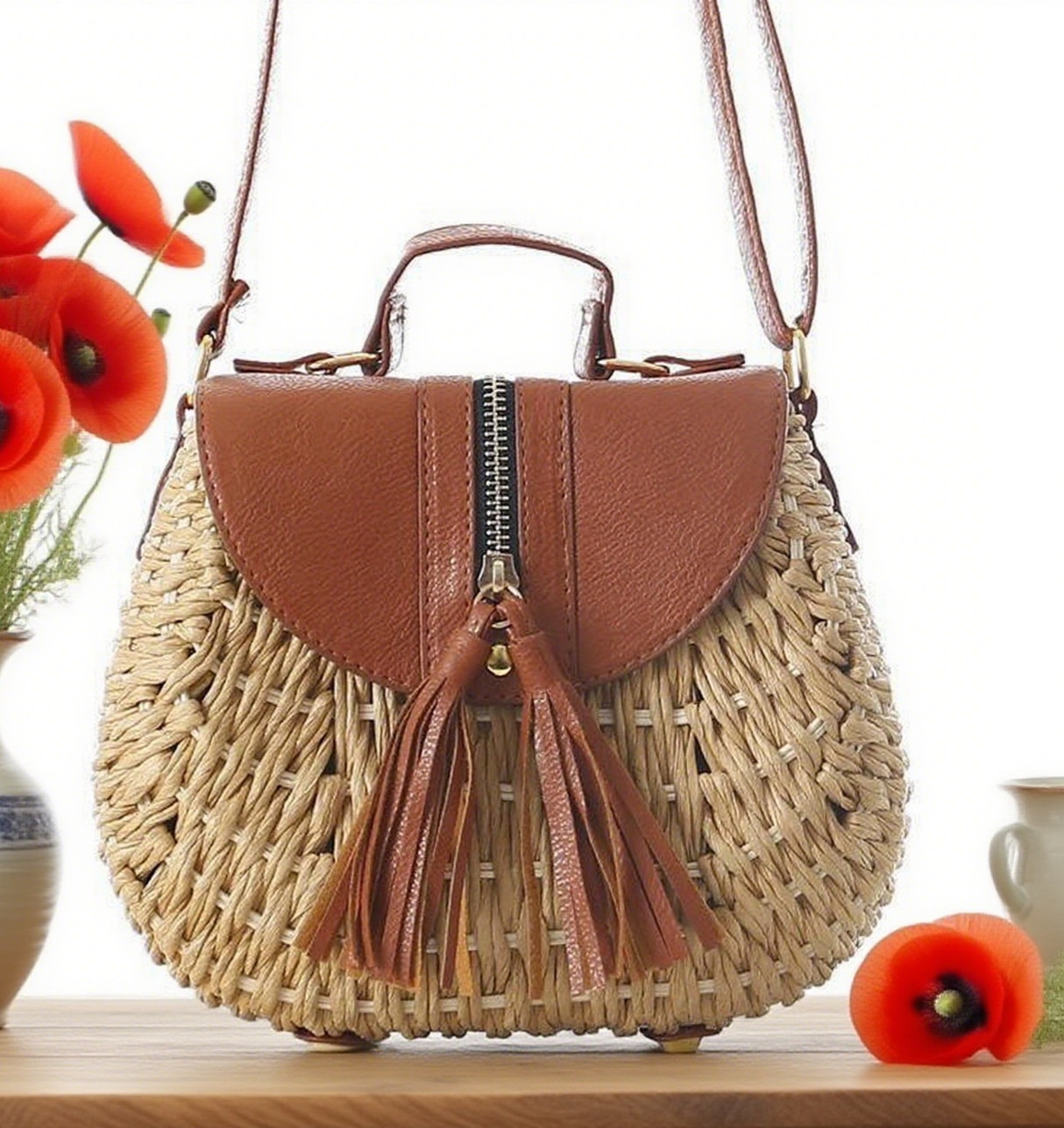 Hard straw tassel crossbody bag