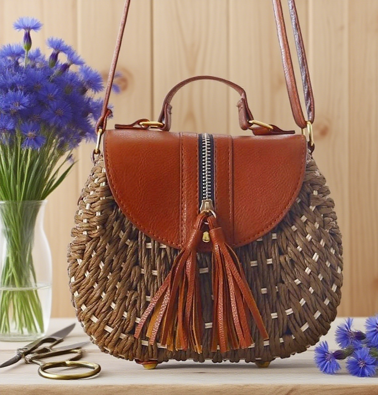 Hard straw tassel crossbody bag