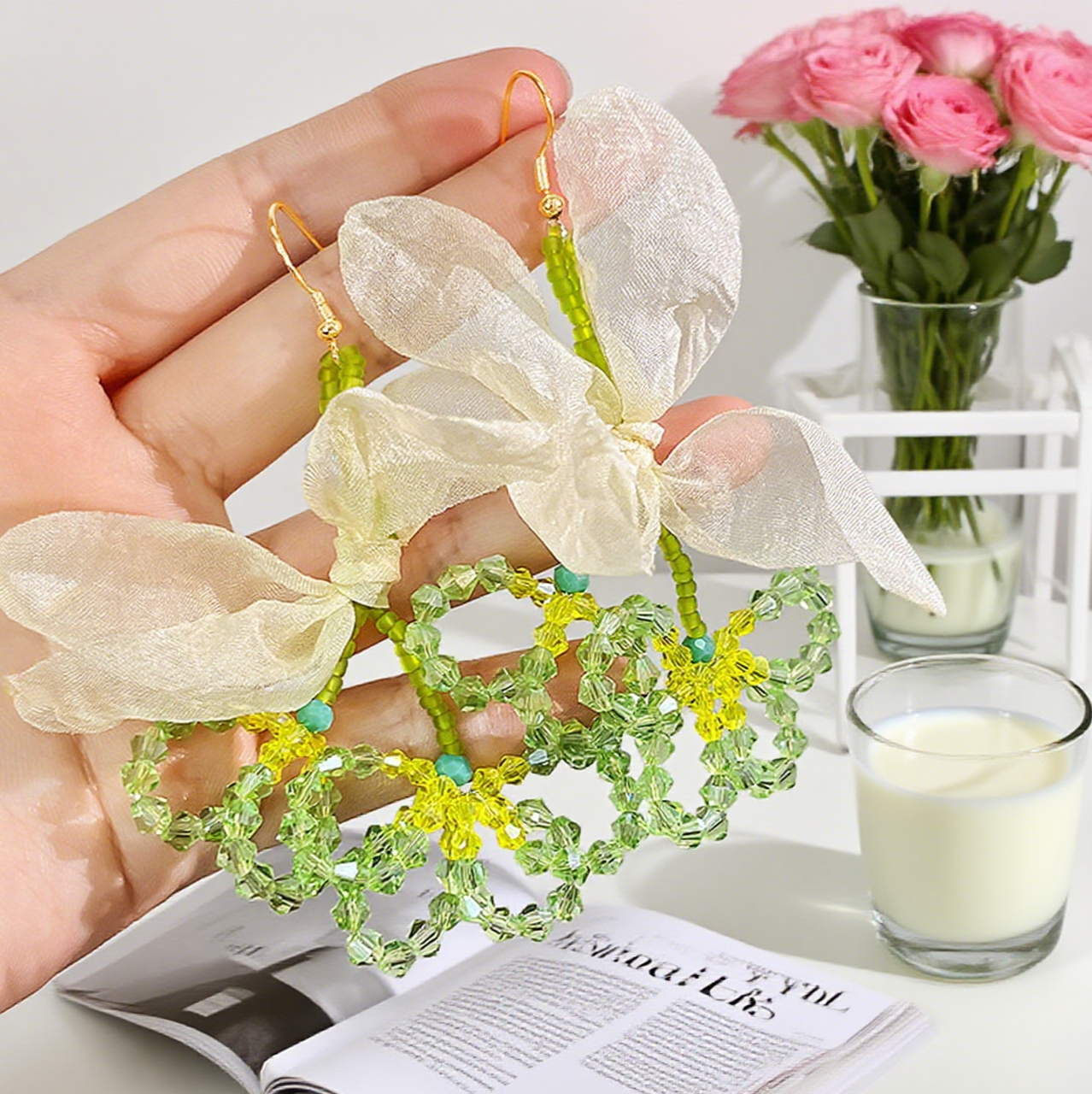 Lace Tassel Beaded Flower Drop Earrings
