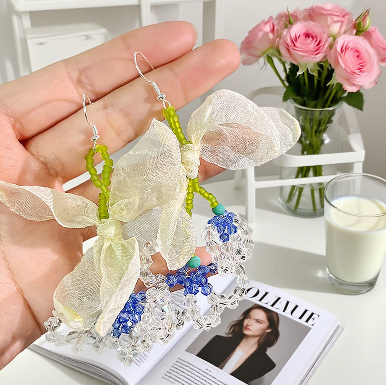Lace Tassel Beaded Flower Drop Earrings