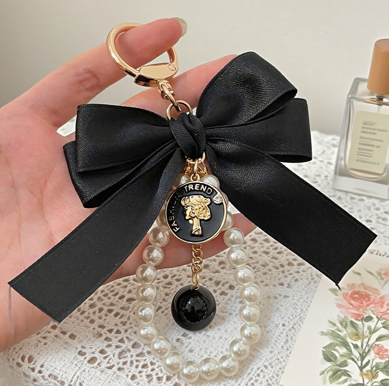 Ribbon Large Bow Pearl Bag Accessory Keychain