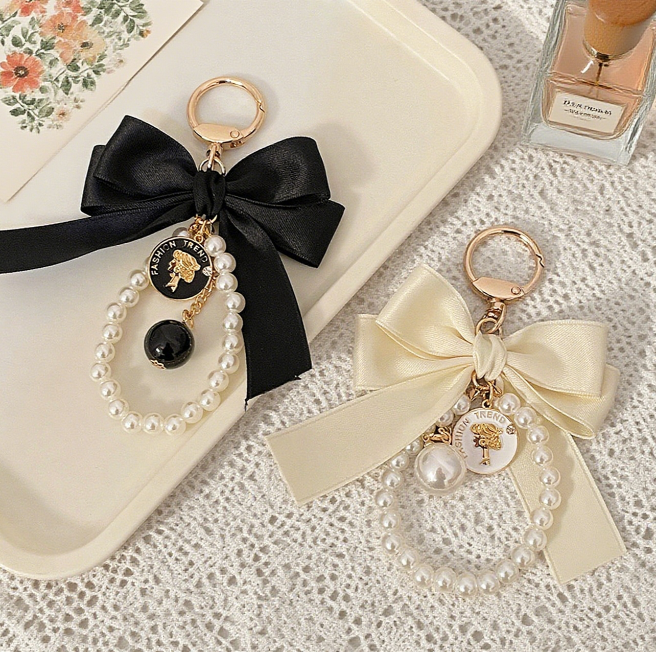 Ribbon Large Bow Pearl Bag Accessory Keychain
