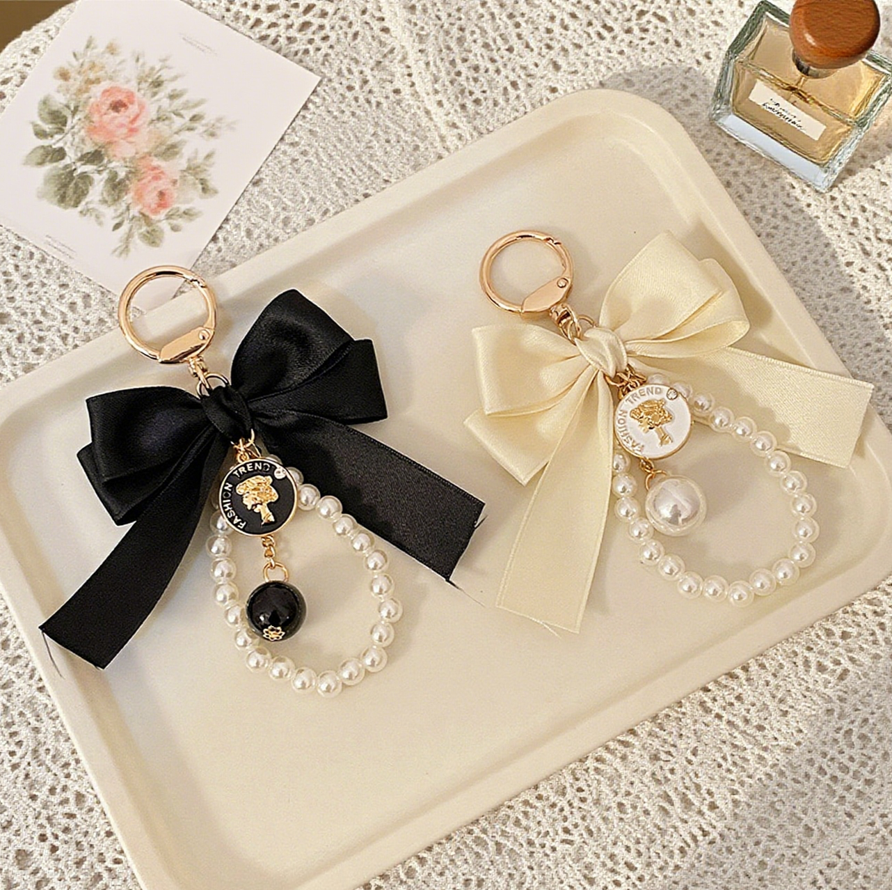 Ribbon Large Bow Pearl Bag Accessory Keychain
