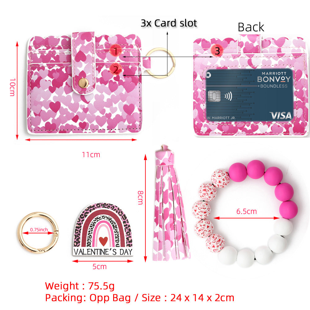 Love-Print Colour-Blocked Bracelet Card Slot Keychain