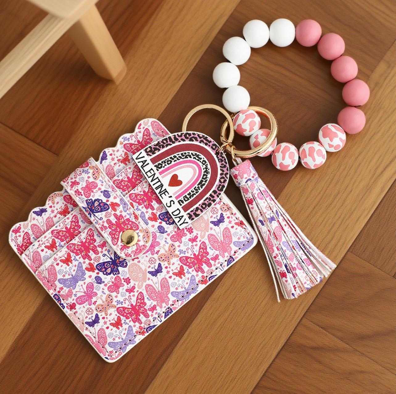 Love-Print Colour-Blocked Bracelet Card Slot Keychain
