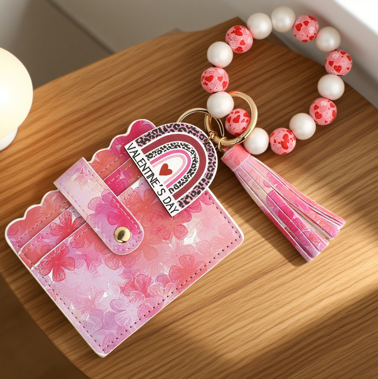 Love-Print Colour-Blocked Bracelet Card Slot Keychain
