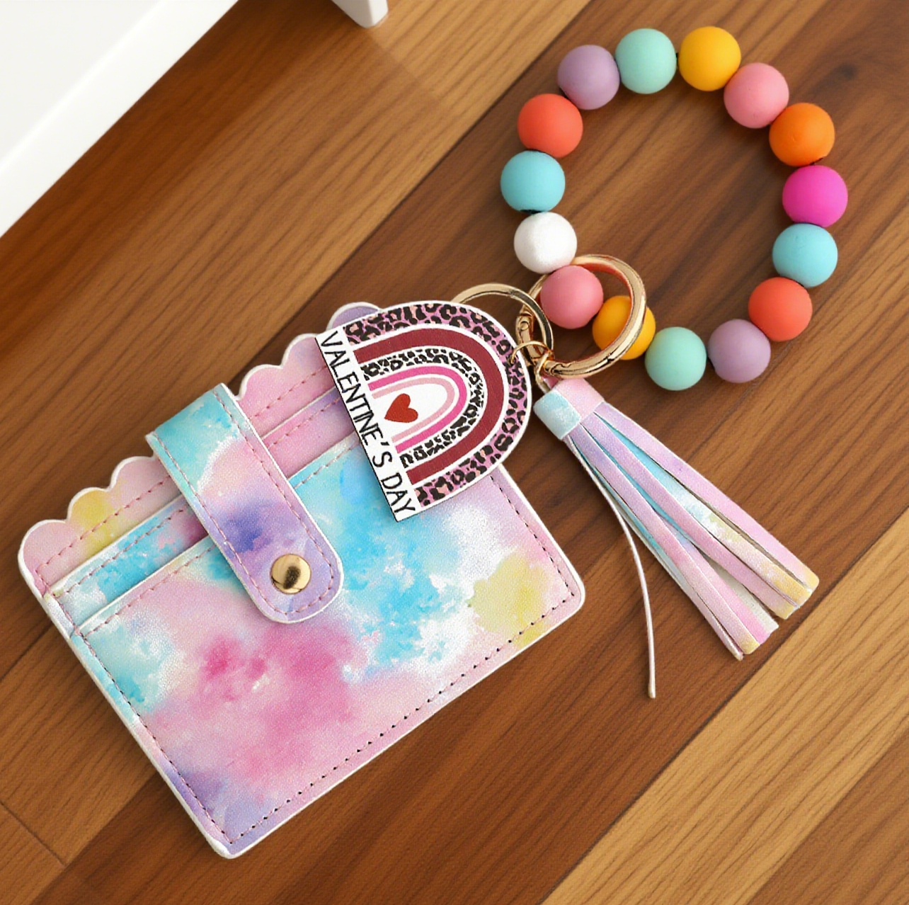 Love-Print Colour-Blocked Bracelet Card Slot Keychain