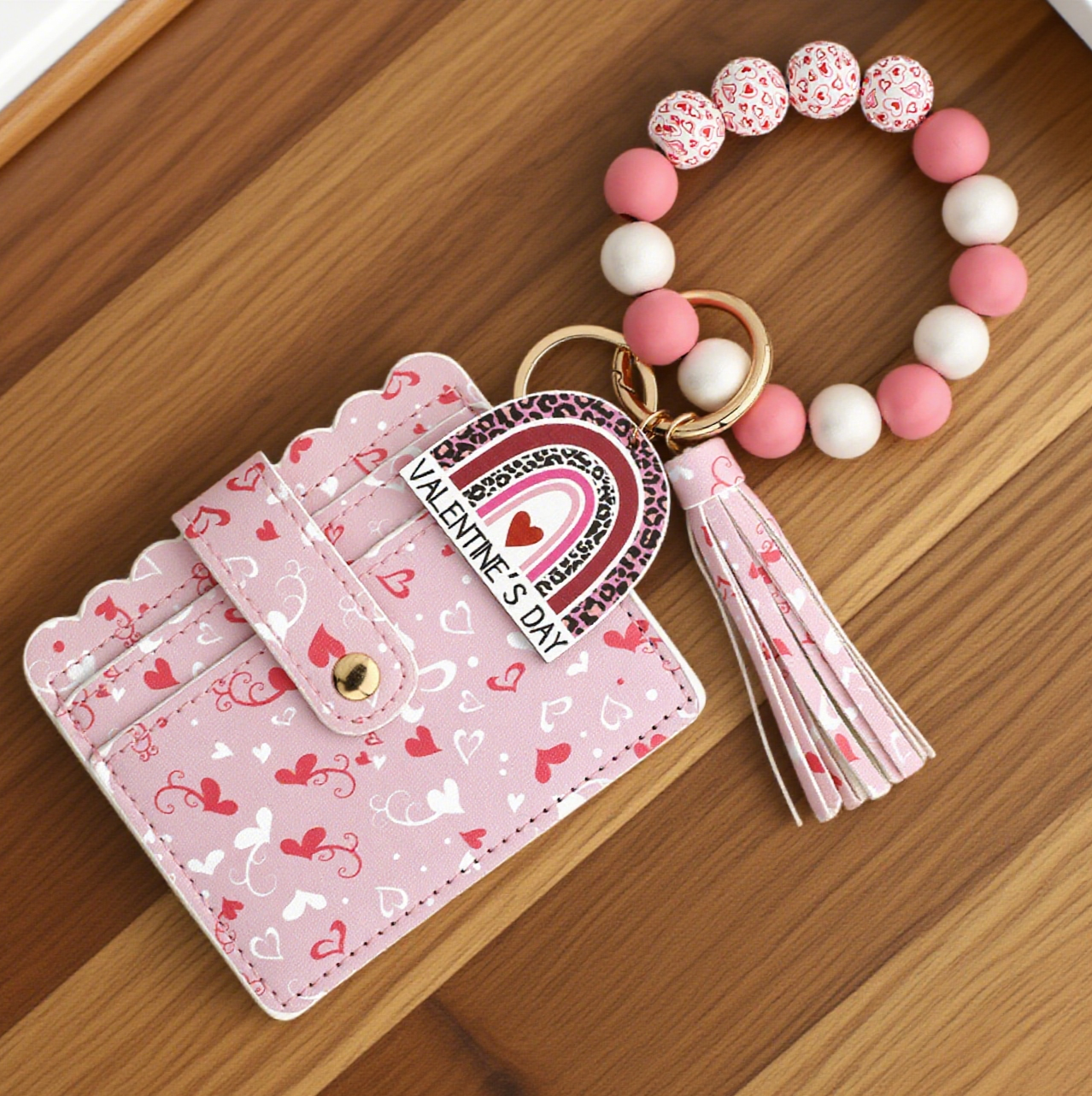 Love-Print Colour-Blocked Bracelet Card Slot Keychain