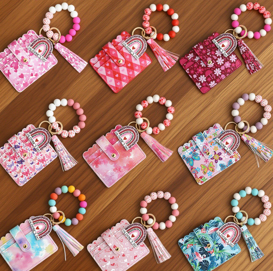Love-Print Colour-Blocked Bracelet Card Slot Keychain