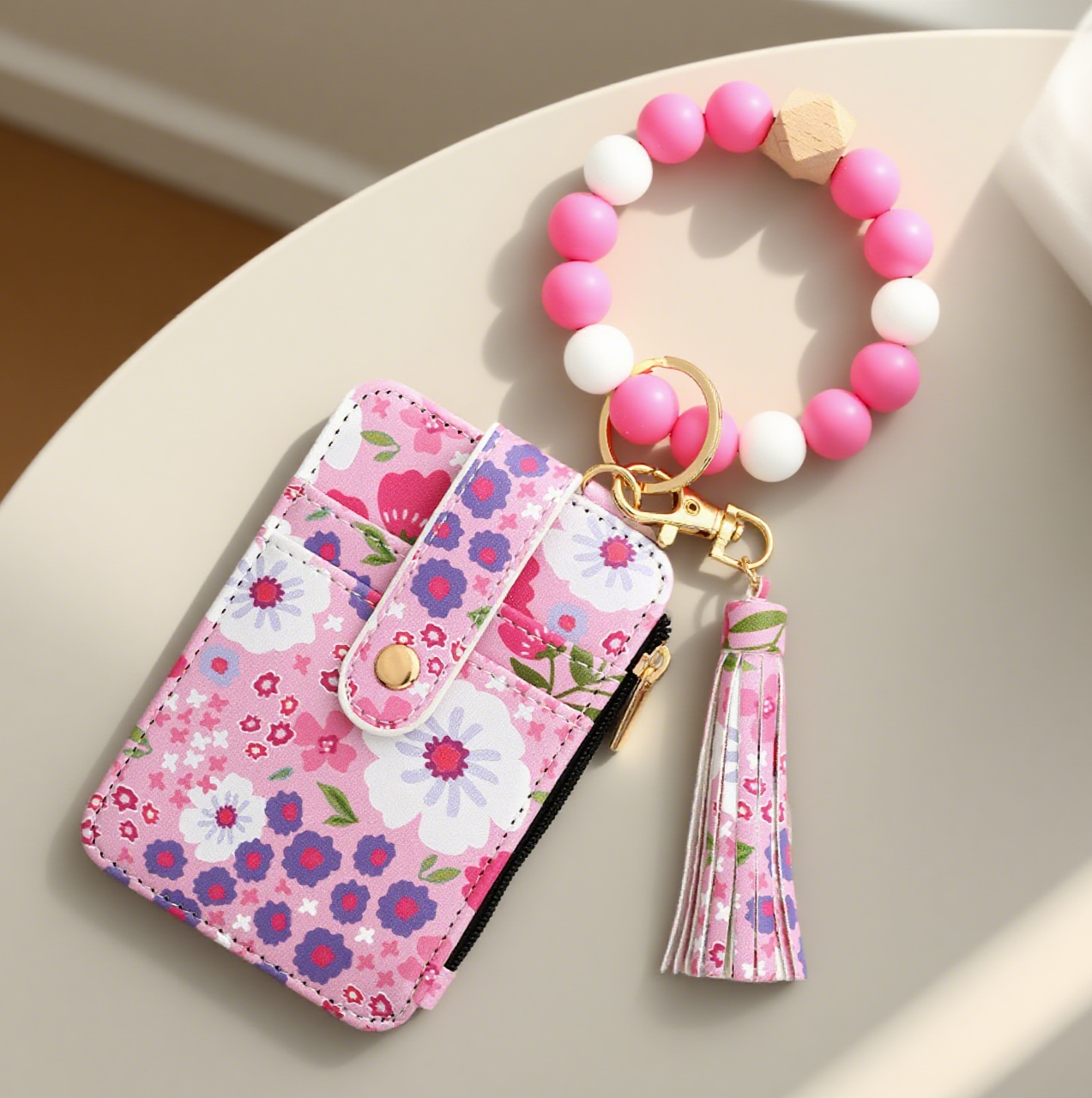 Bracelet Floral Print Card Slot Wallet Keychain