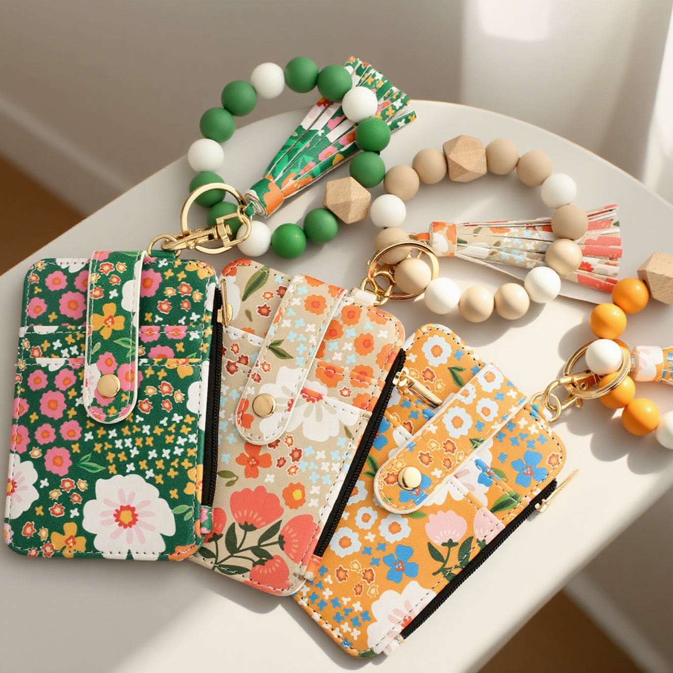 Bracelet Floral Print Card Slot Wallet Keychain