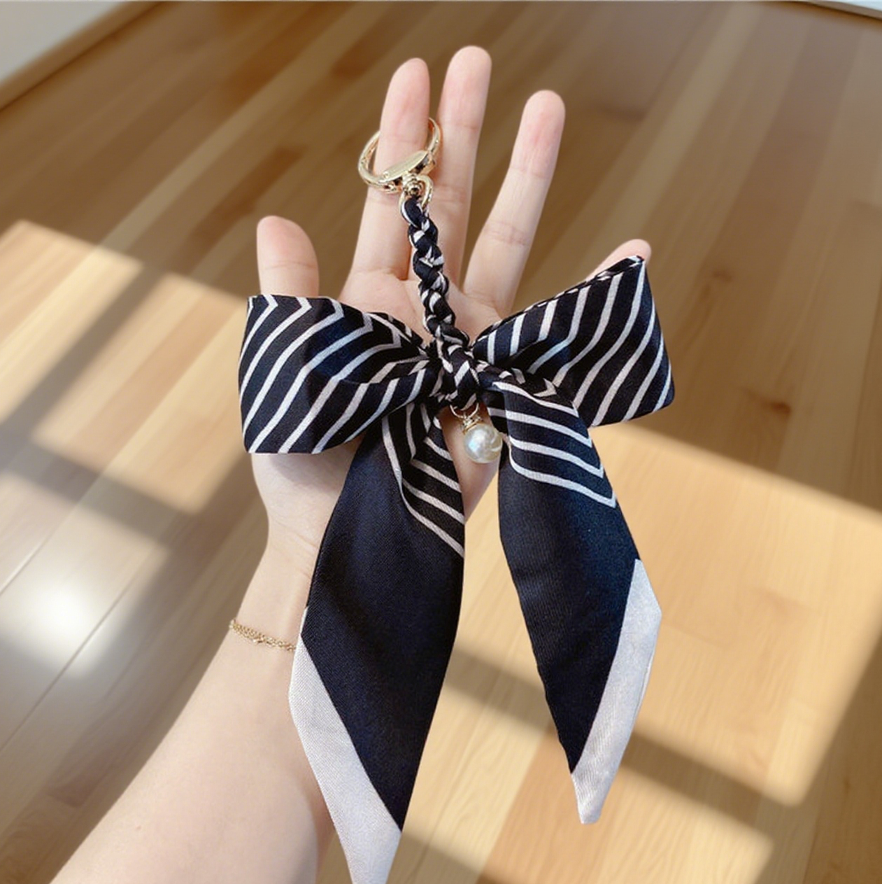 Fashion Silk Scarf Pearl Bow Bag Accessories Keychain