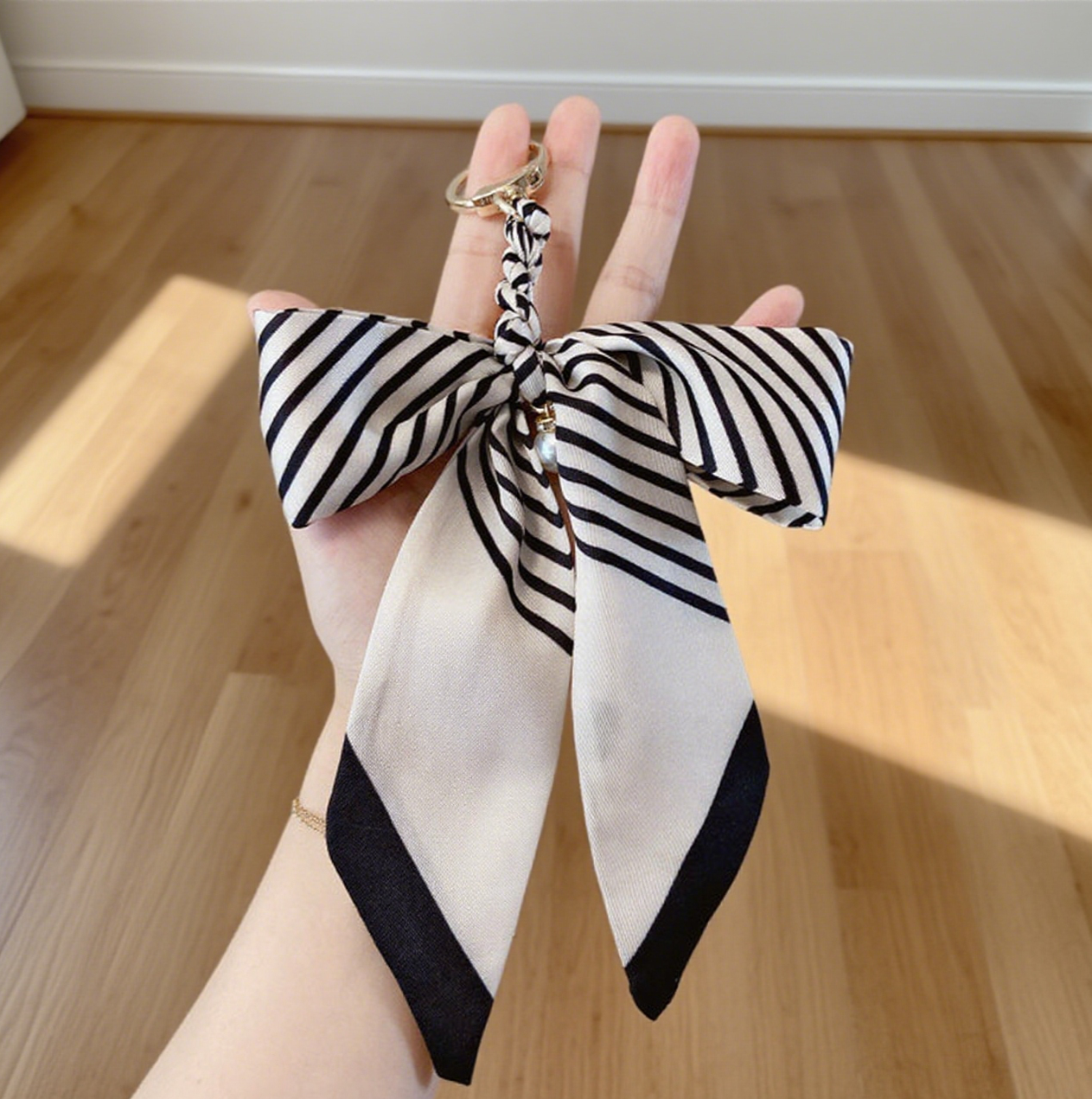 Fashion Silk Scarf Pearl Bow Bag Accessories Keychain